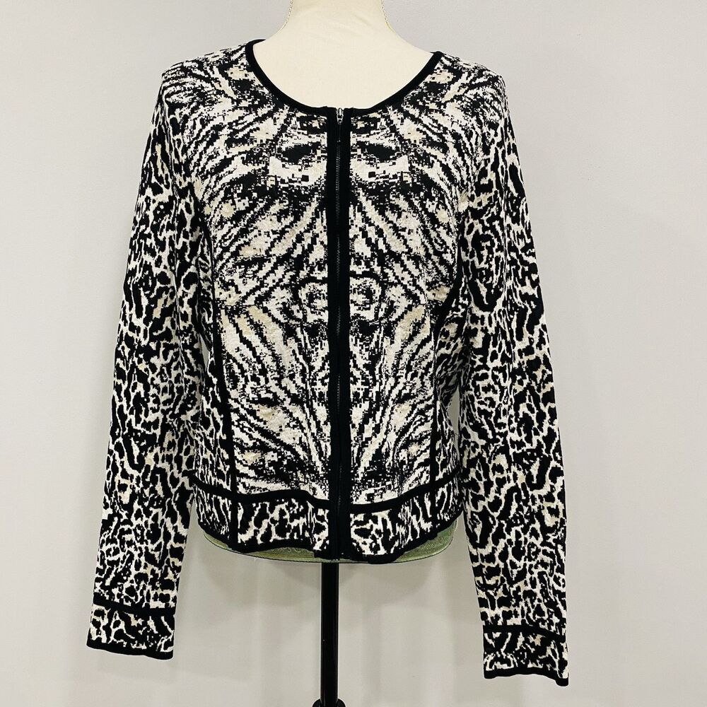CHICO’S 2 Zip-Up Jacquard Sweater Blazer Jacket Black Animal Aztec Southwest L